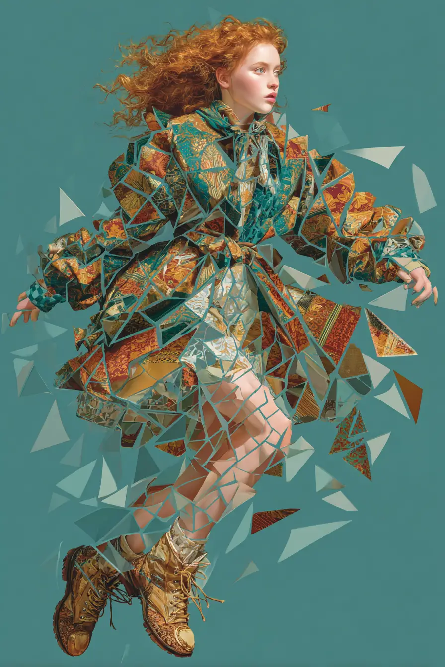 Mujer dinámica saltando con atuendo de cuadros fragmentado