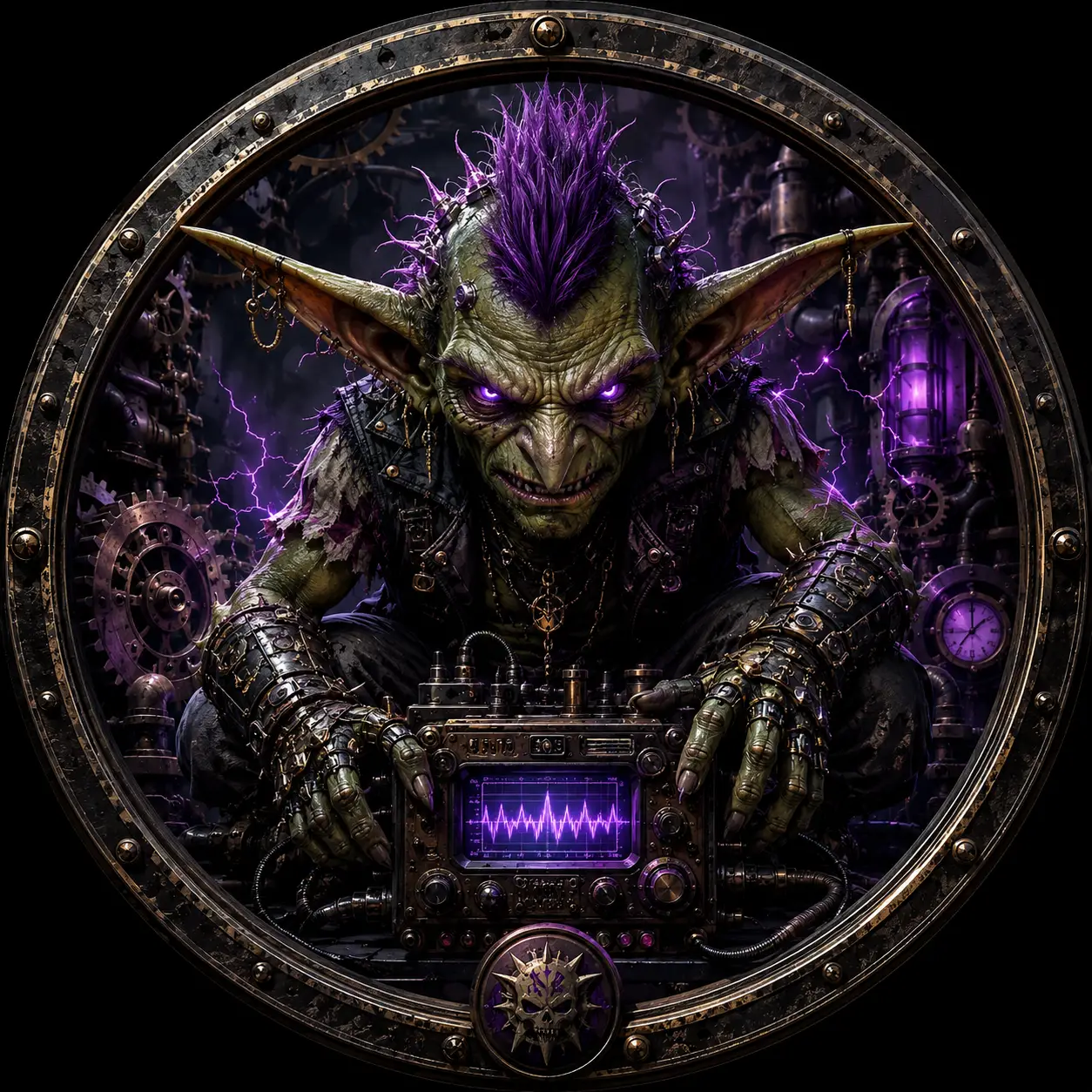 Bedrohlicher Goblin mit Audiogerät in einem Steampunk-Emblem