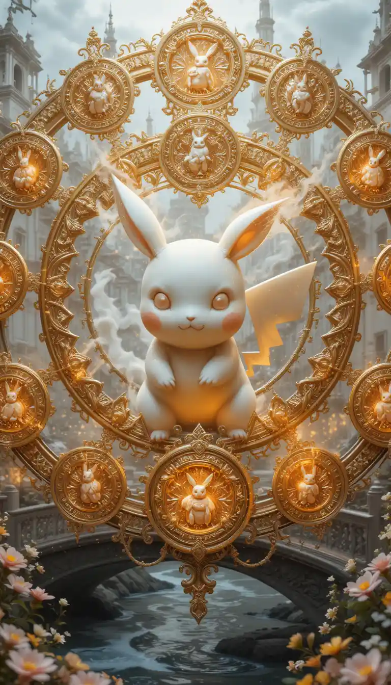 Creatura mitica chibi davanti a un palazzo bianco luminoso