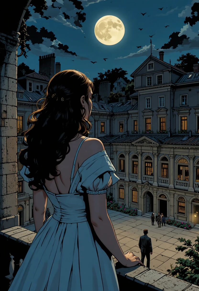 Cena de sacada ao luar com amantes em estilo graphic novel