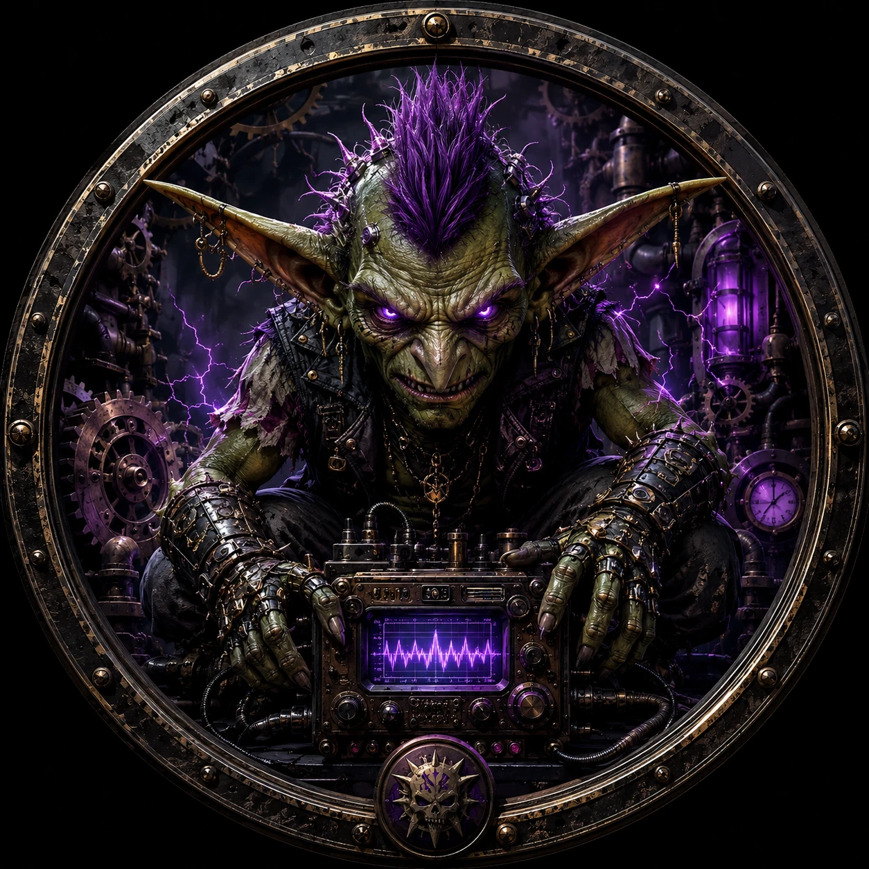 Goblin ameaçador com dispositivo de áudio em emblema steampunk