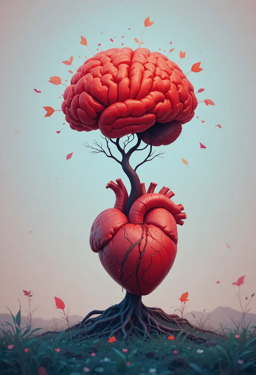 Cœur rouge faisant pousser un cerveau humain comme un arbre florissant