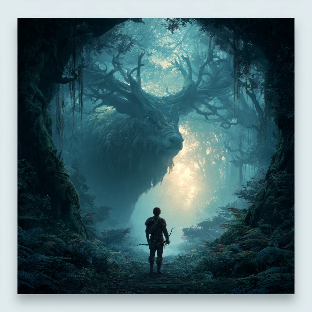 Archer rencontrant un cerf rare sur un sentier forestier mystique