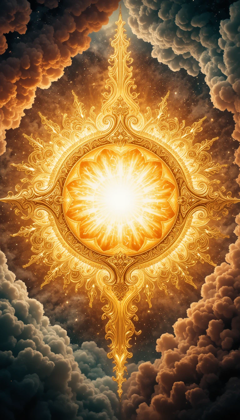 Strahlende goldene Sonne in kunstvollen kosmischen Wolken