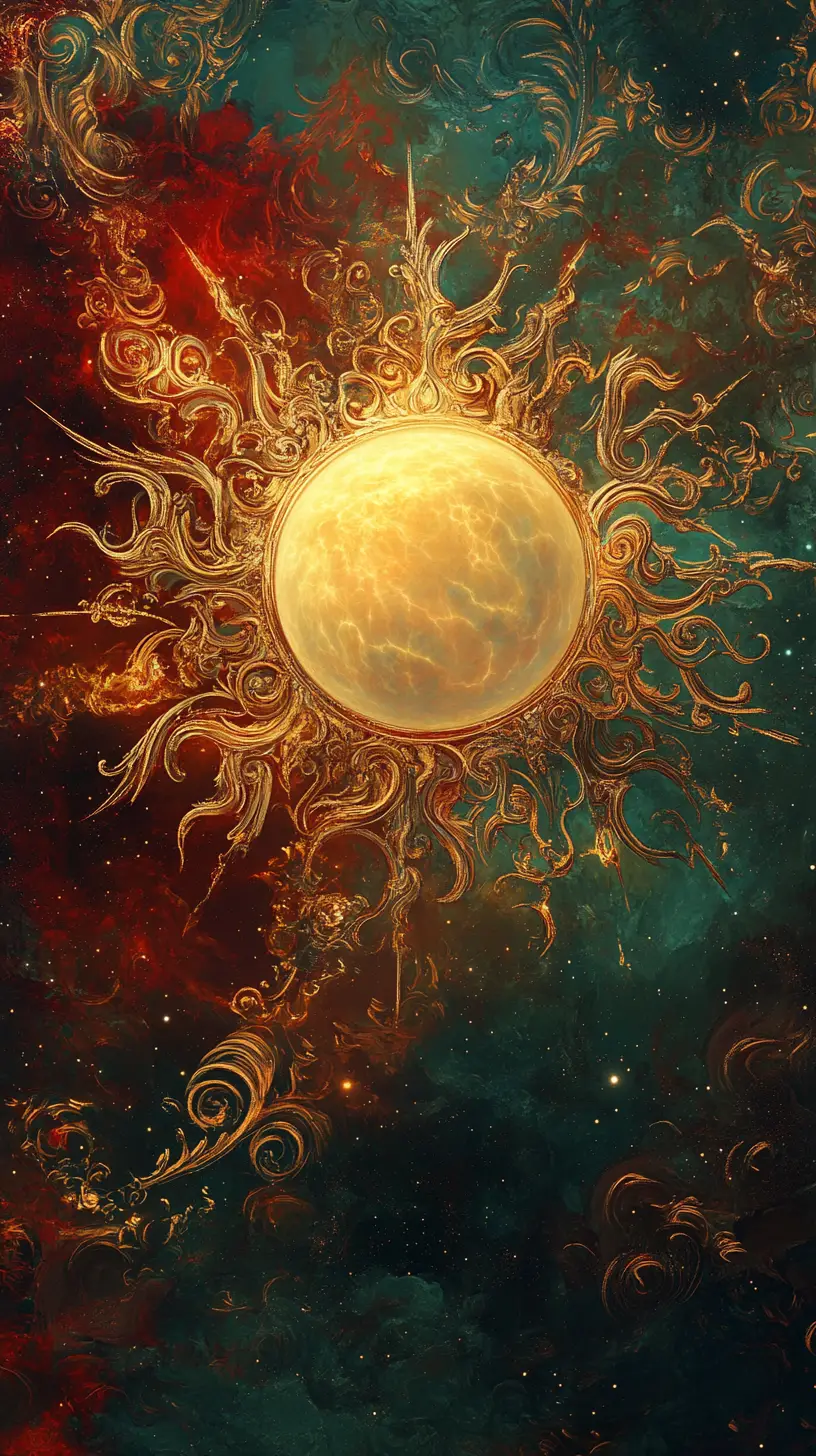 Radiante sol dourado em meio a nuvens celestiais em espiral