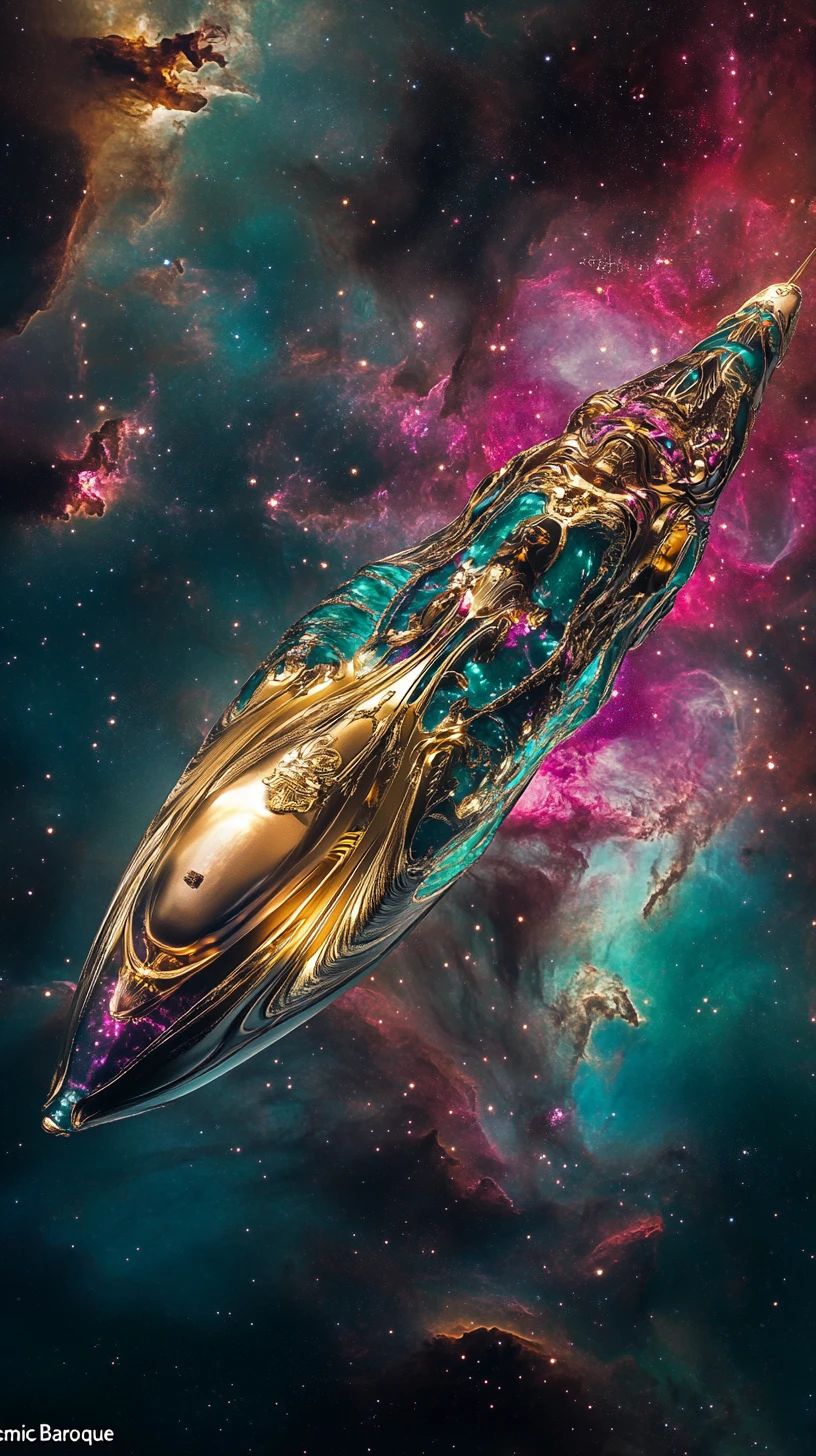 Nave estelar luxuosa deslizando por uma nebulosa cósmica brilhante