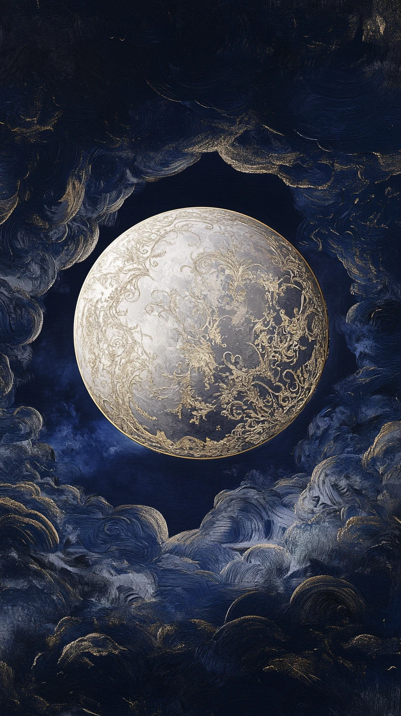 Lune baroque sereine sur fond de profondes nuées nocturnes tourbillonnantes
