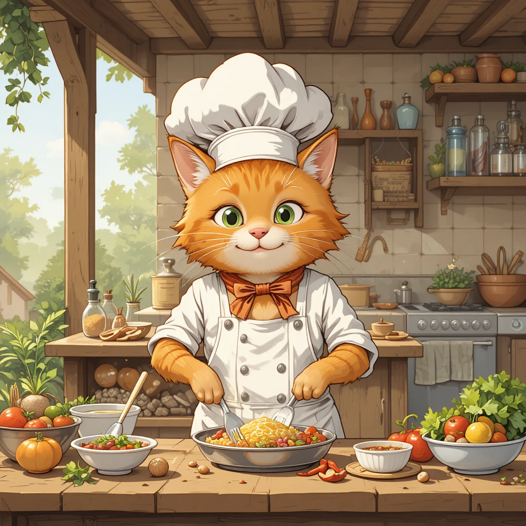 Gato atigrado naranja chef trabajando en una cocina rústica al aire libre