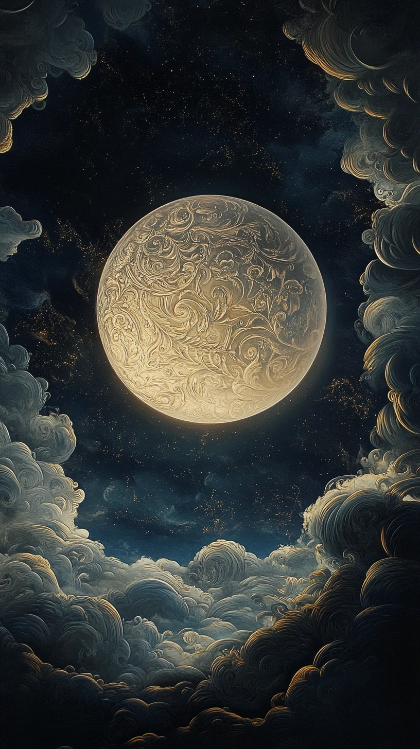 Lune baroque sereine sur un ciel nocturne profond et tourbillonnant