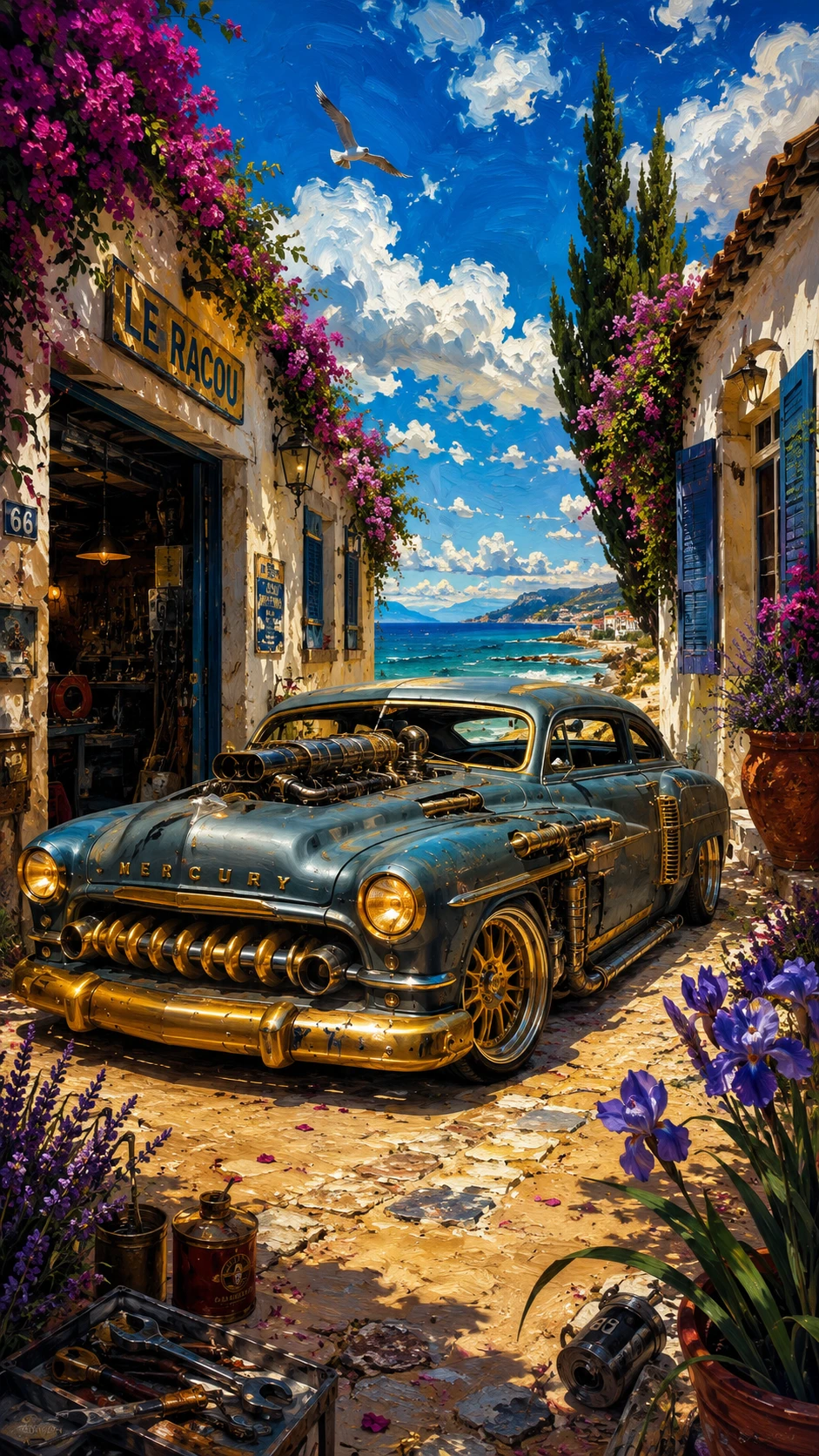Carro retrô futurista em uma rua ensolarada do Mediterrâneo