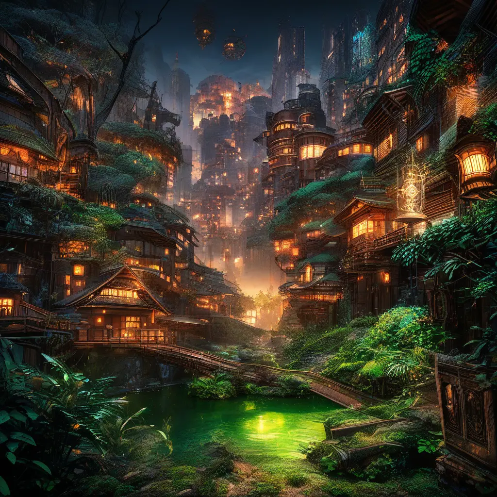Antico violino di legno che nasconde una luminosa città fantasy