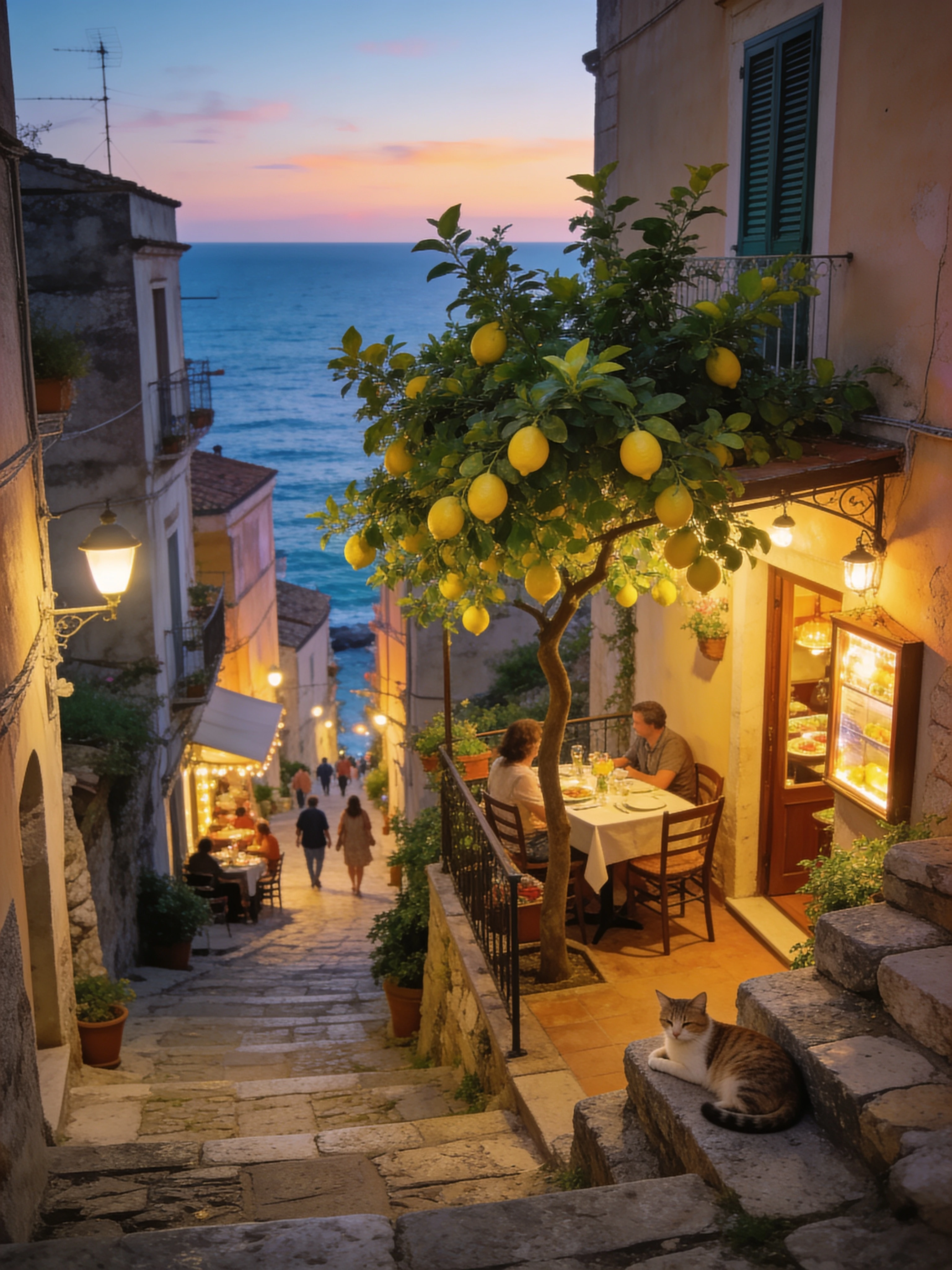 Ruelle sicilienne chaleureuse avec vue sur la mer et citronnier