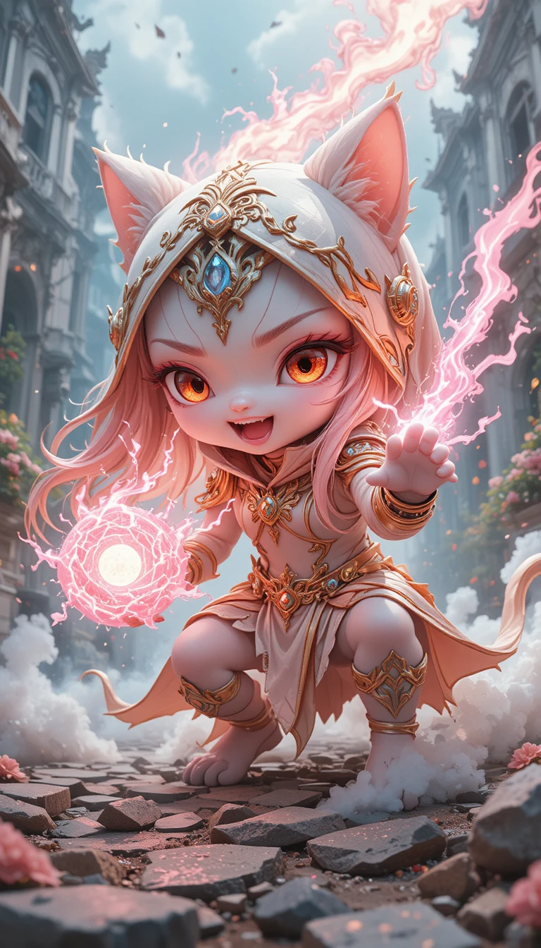 Fierissimo gattino bianco che carica magia in un palazzo fantasy