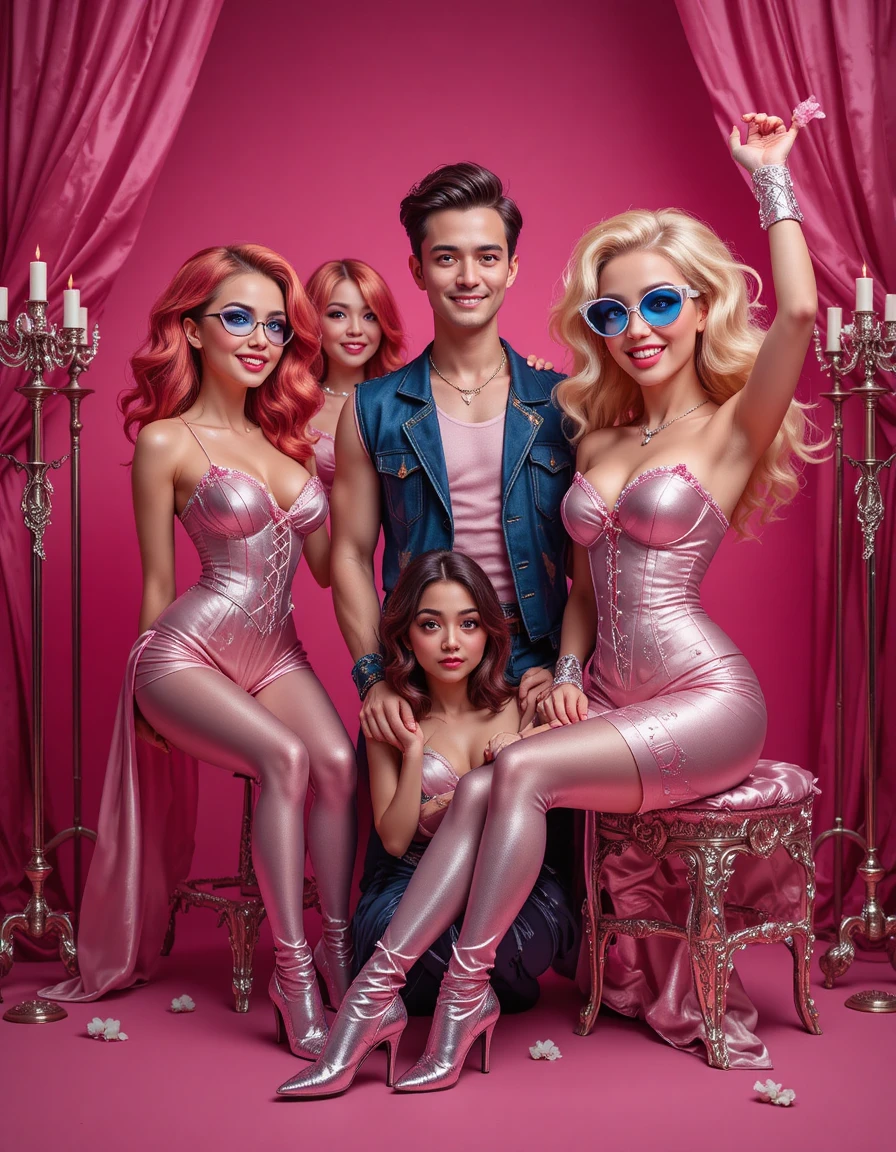 Grupo excéntrico posando en un estudio de moda rosa brillante