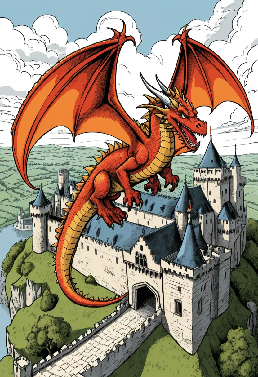 Dragão cuspindo fogo sobre um castelo medieval de pedra