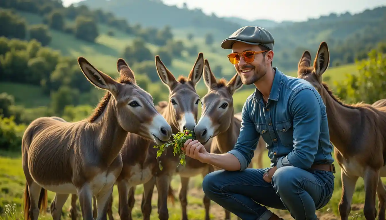 Man feeding donkeys in a green rural hillside landscape