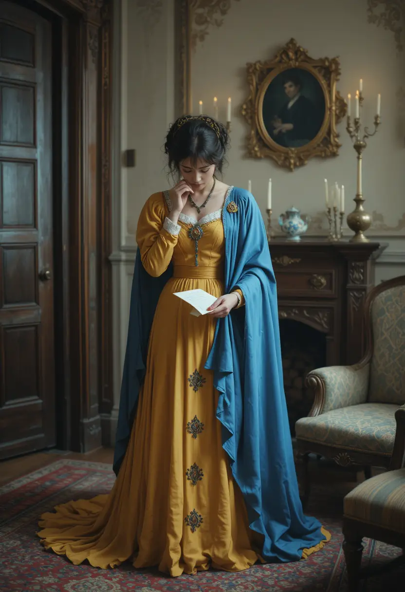 Mujer victoriana llorando por una carta en un salón