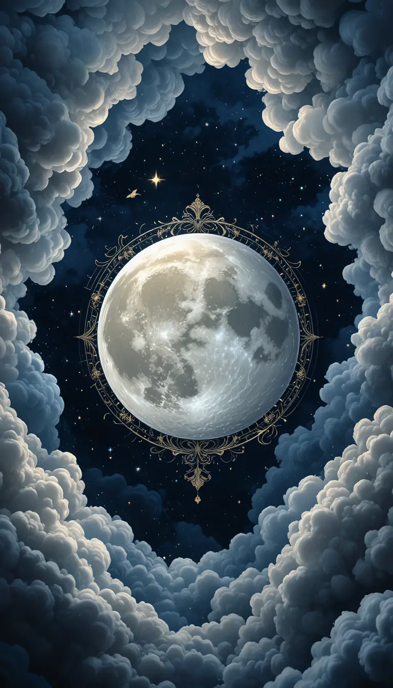 Stiller, dekorativer Mond vor wirbelnden mitternächtlichen Himmelswolken