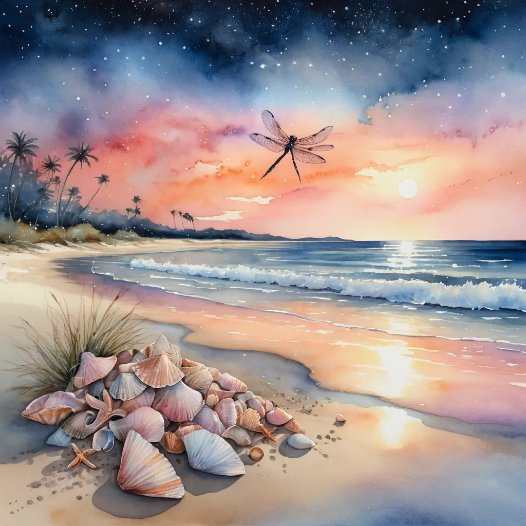 Aquarell-Libelle über einem mondbeschienenen Strand bei Sonnenuntergang