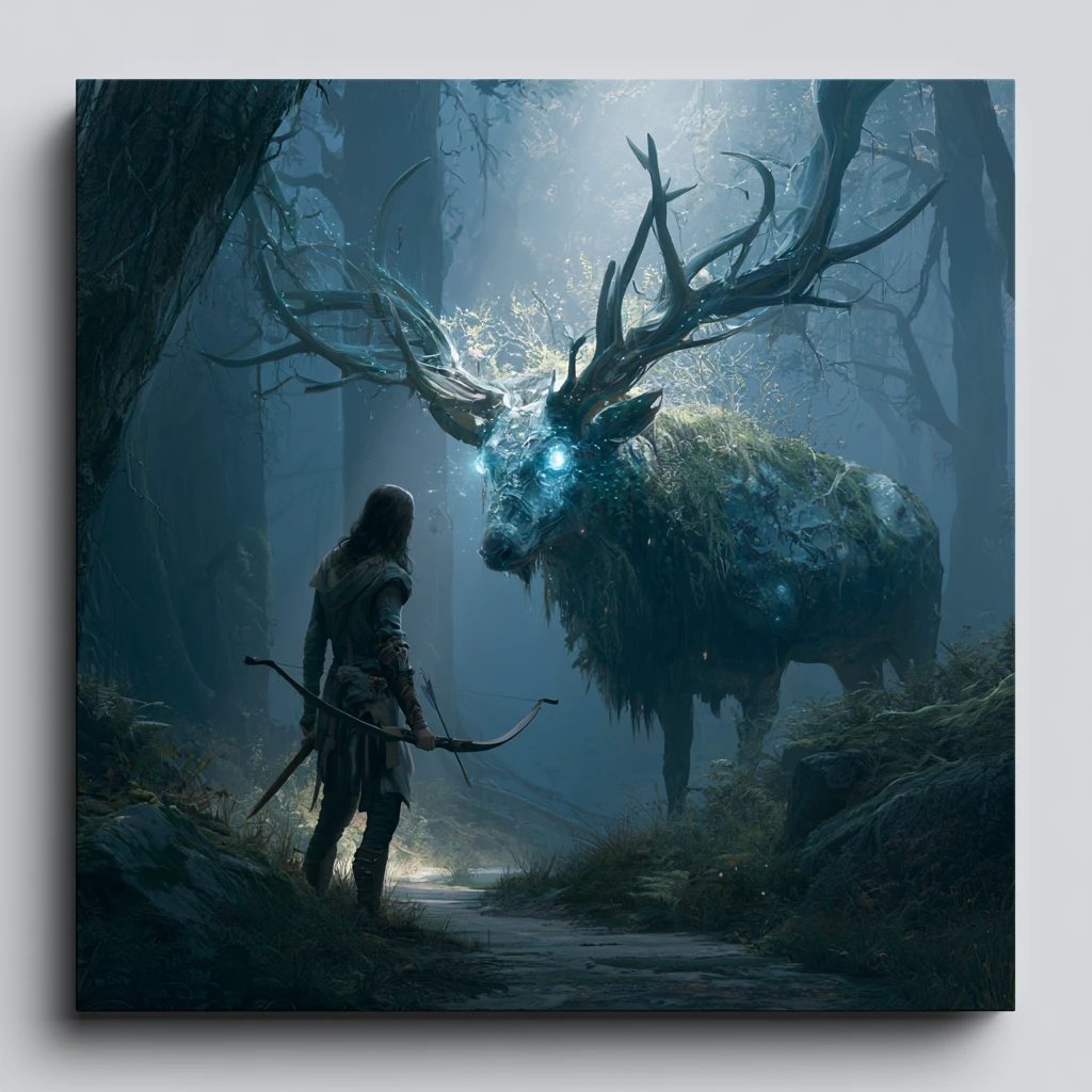 Archer rencontrant un cerf rare sur un sentier mystique en forêt