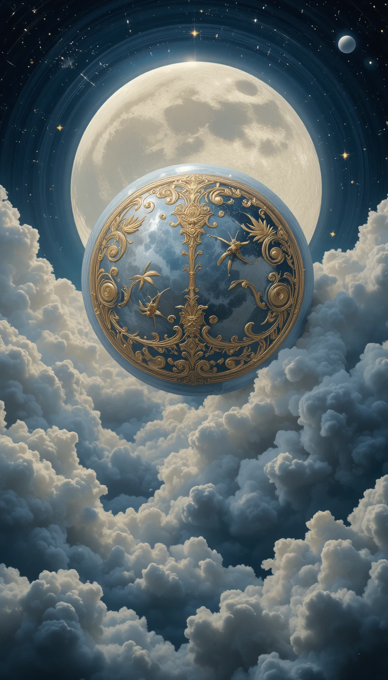 Eleganter himmlischer Mond mit barocken Gravuren am dunklen Himmel