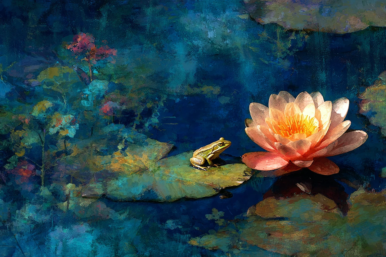 Sapo surreal sobre uma única vitória-régia em um lago tranquilo