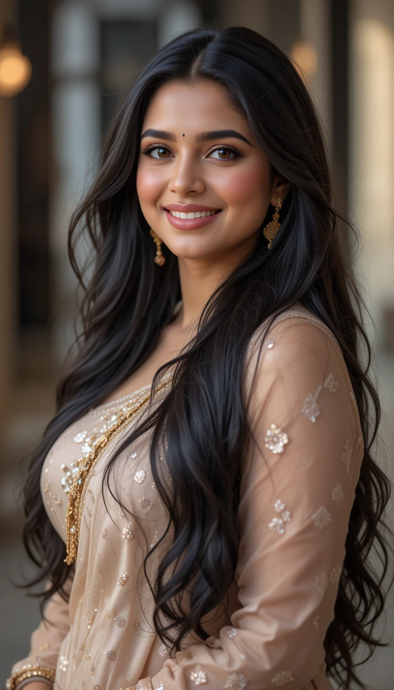 Selbstbewusste indische Frau in modern-traditionellem Outfit