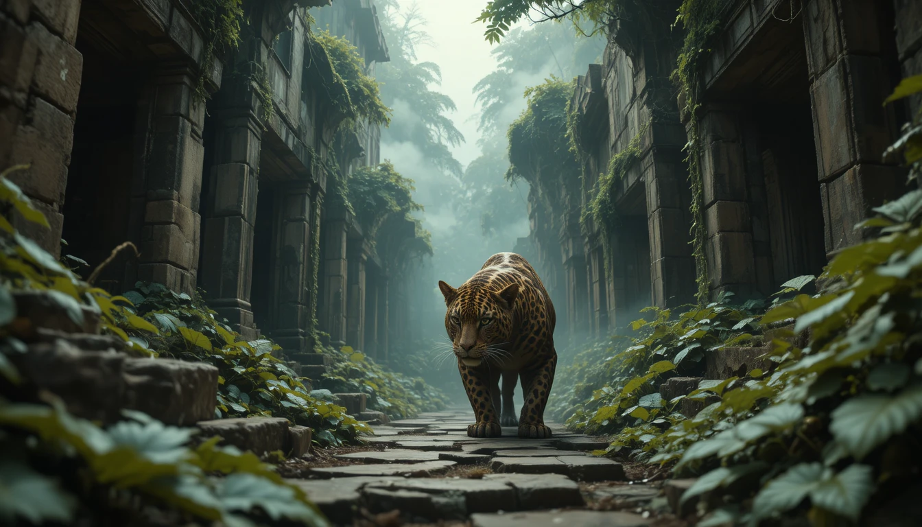 Onça-pintada solitária espreitando entre ruínas de selva enevoadas