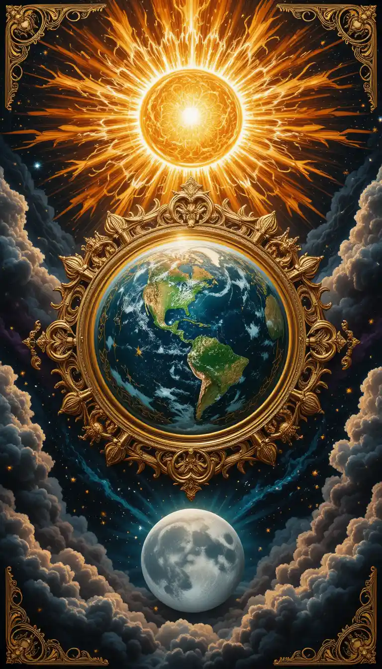 Lodernde goldene Sonne über einer kunstvoll geschmückten, juwelengleichen Erde und einem Mond
