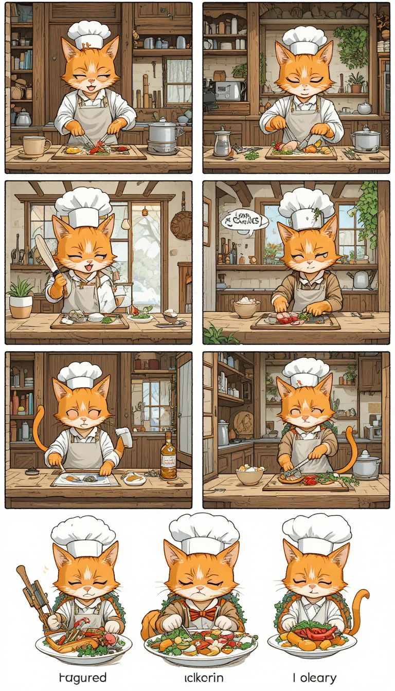 Gato atigrado naranja chef cocinando en una cocina rústica al aire libre