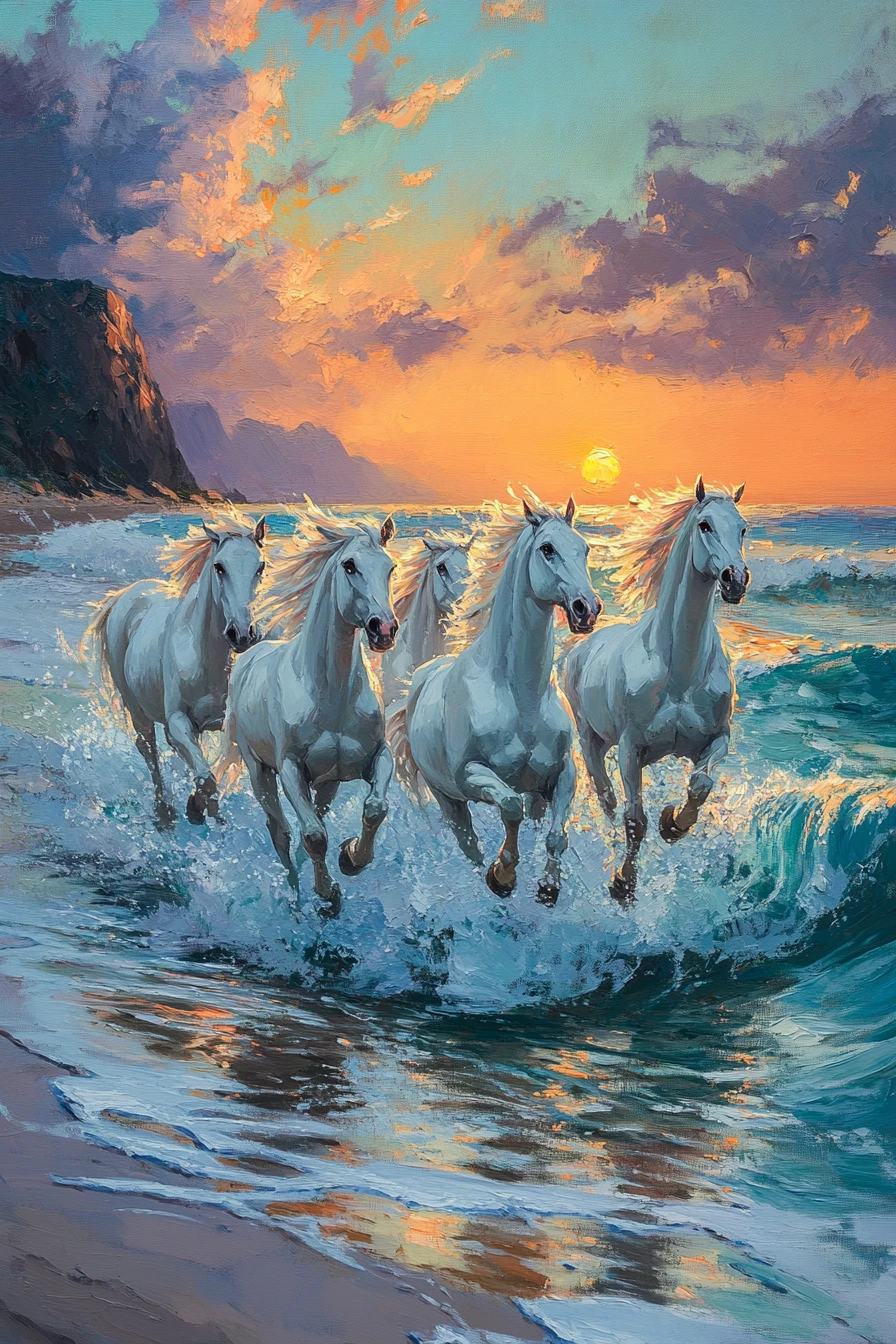 Cavalos brancos correndo pelas ondas do mar ao pôr do sol