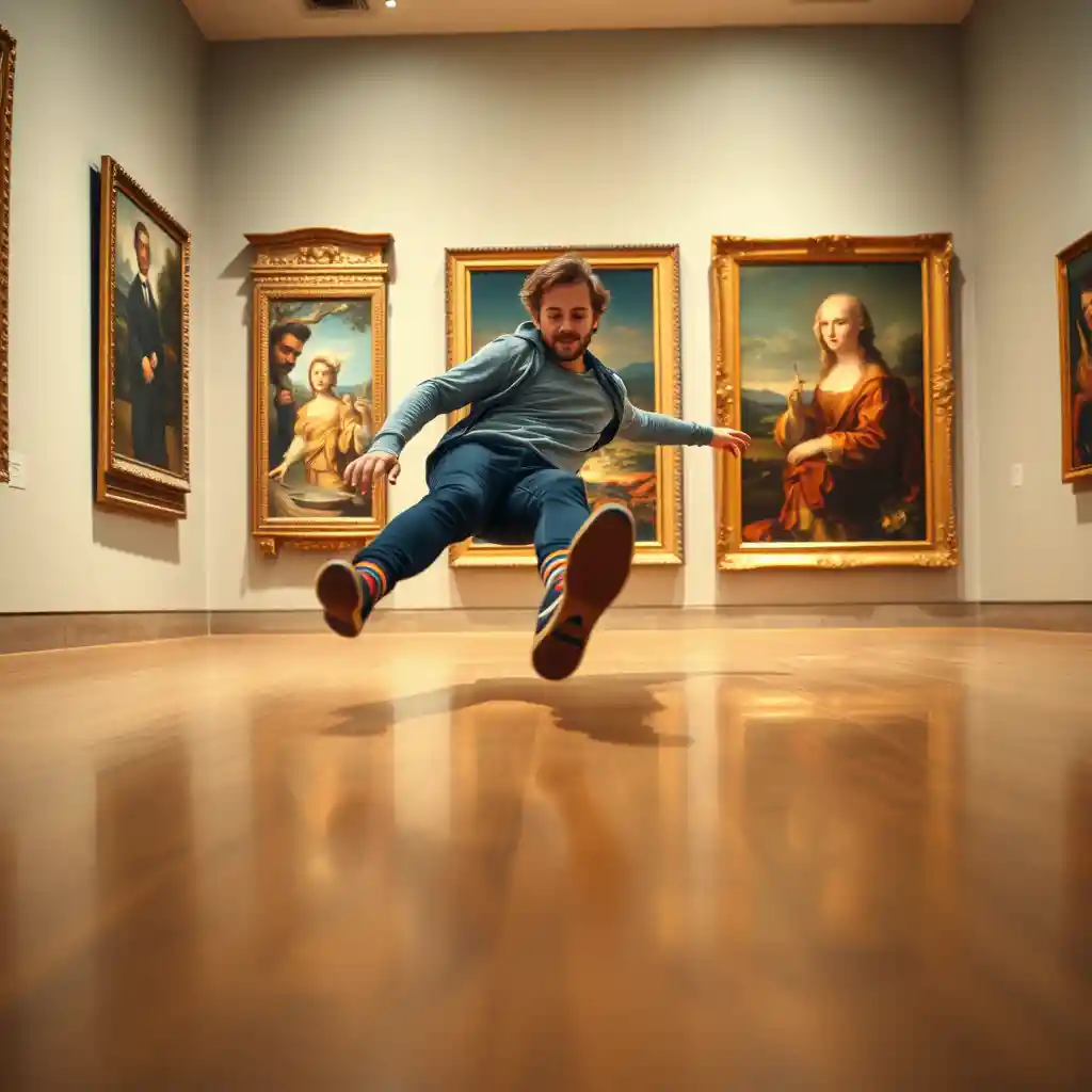Hombre deslizándose en calcetines frente a pinturas famosas en un museo