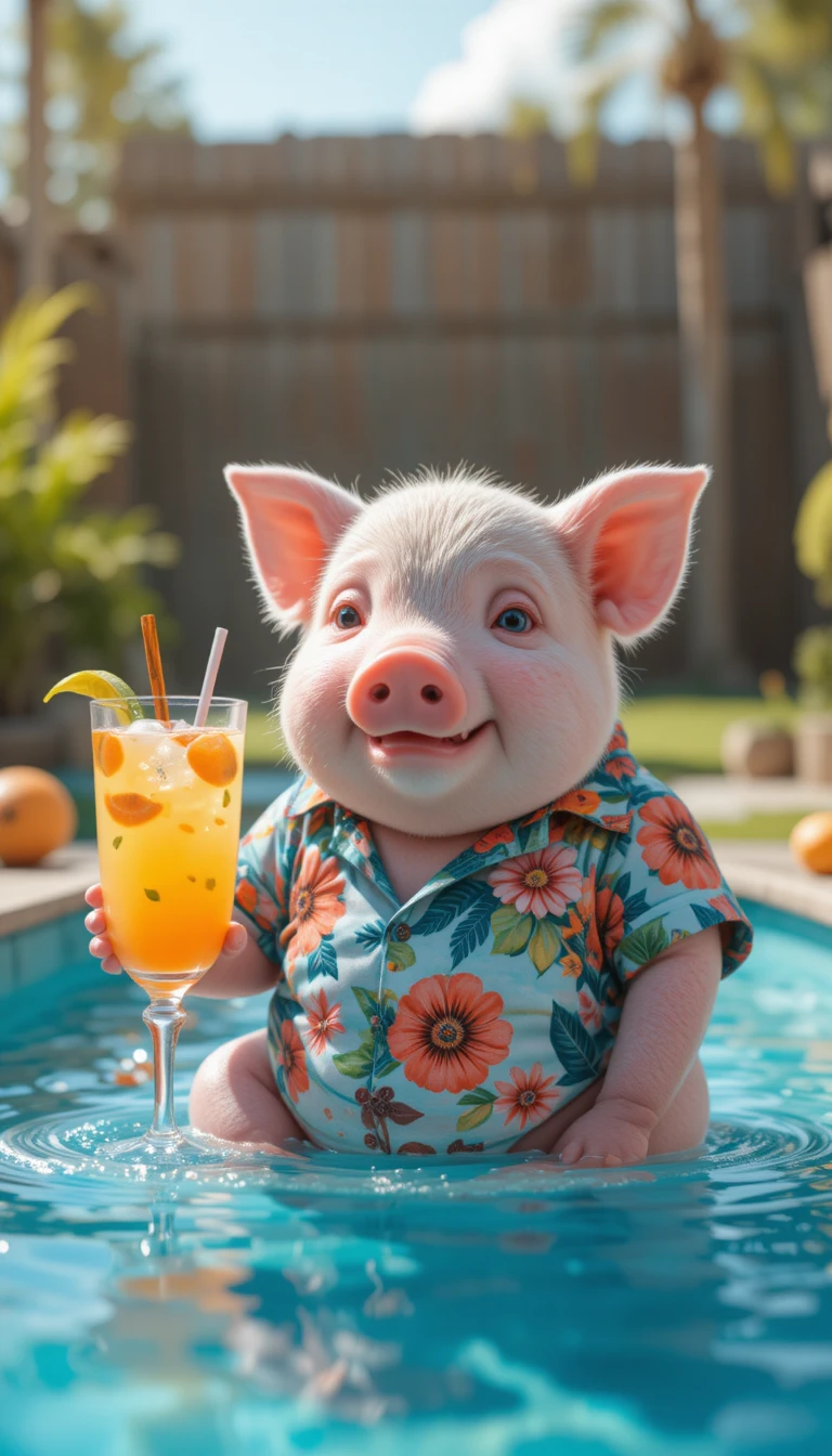 Adorável leitãozinho cor-de-rosa em uma piscina infantil com camisa havaiana