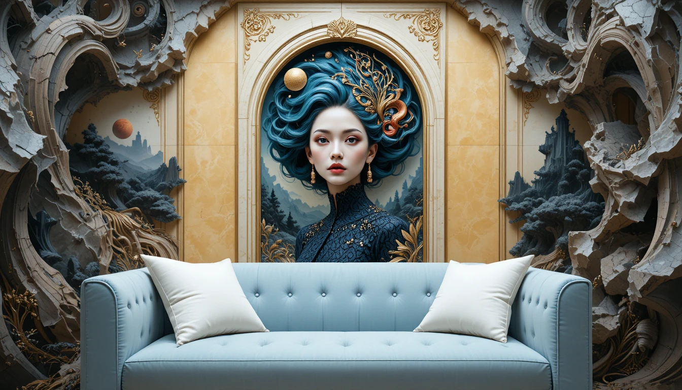 Sofá de veludo azul em sala amarela com portal para paisagem