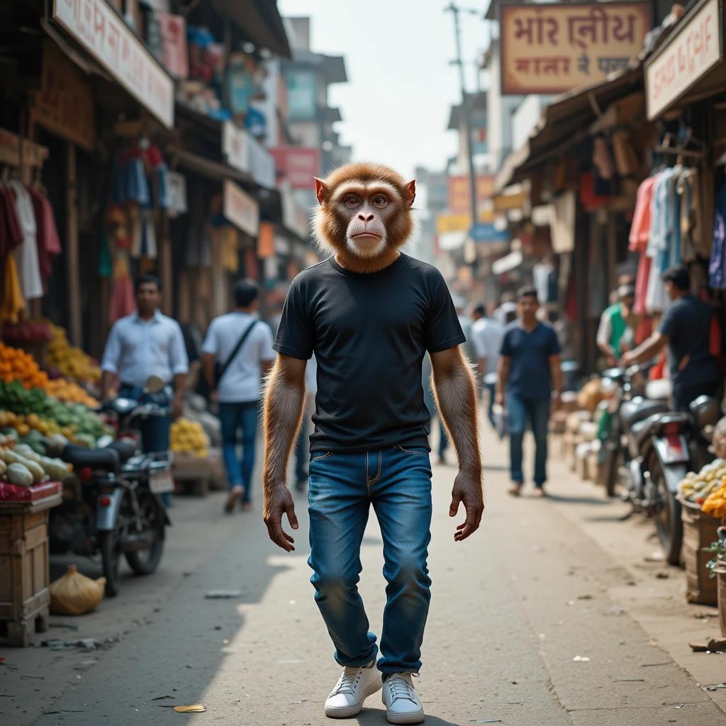 Anthropomorpher Affe geht durch geschäftigen indischen Straßenmarkt