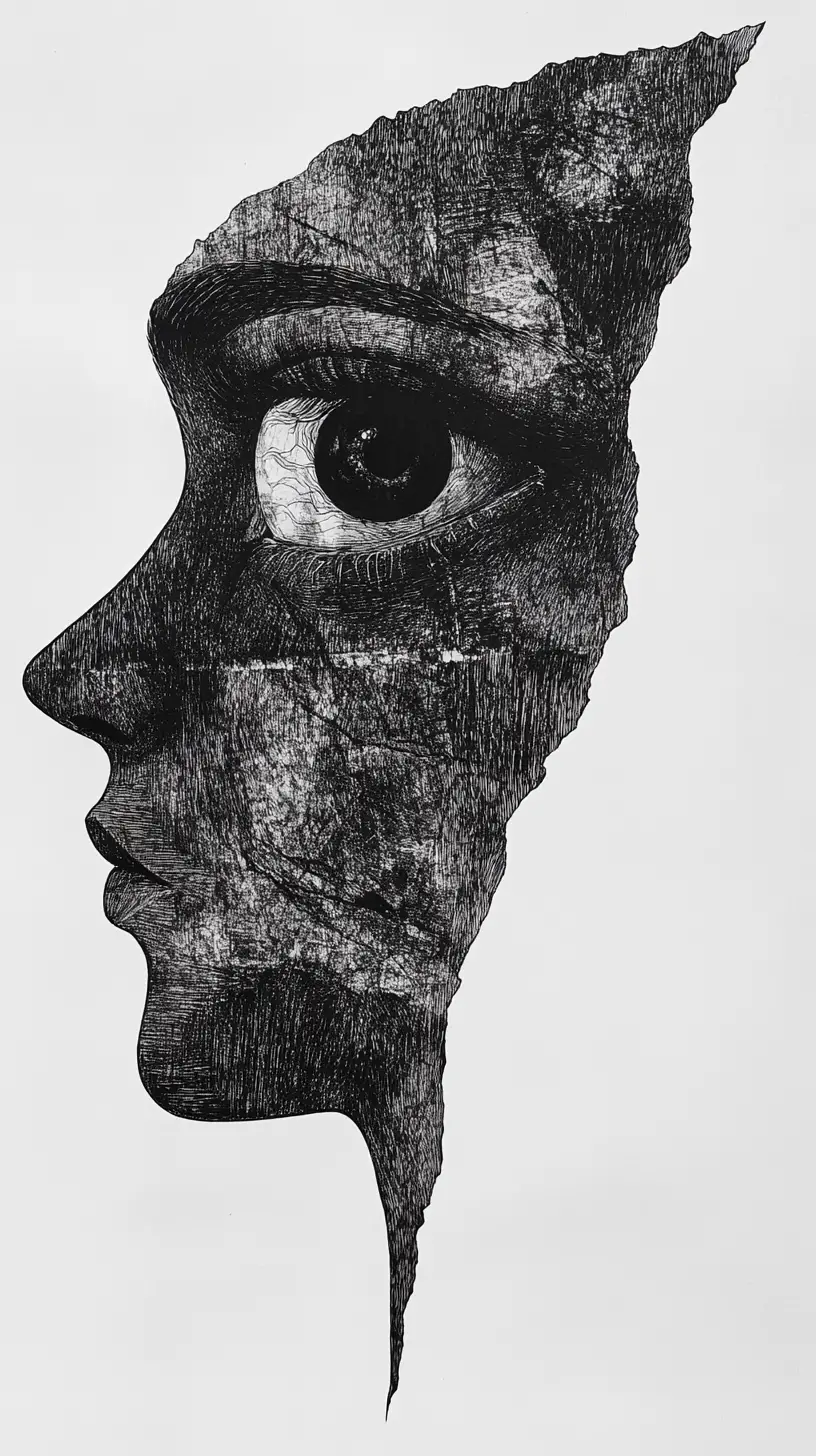 Abstract silhouette profile with a single organic textured eye