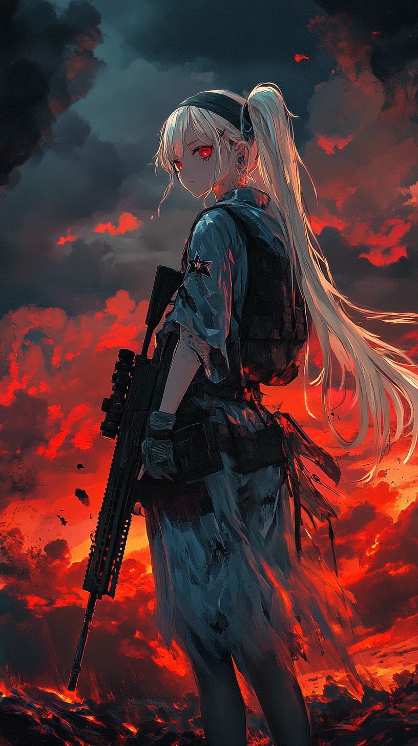 Anime girl aiming a rifle in a ruined war zone
