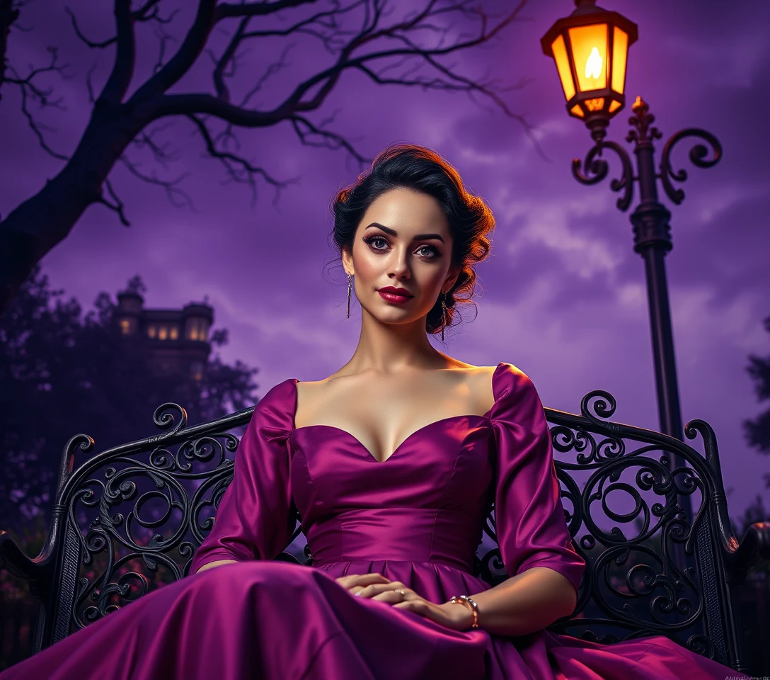 Elegante Frau mit schwebendem Auge in einem surrealen Garten