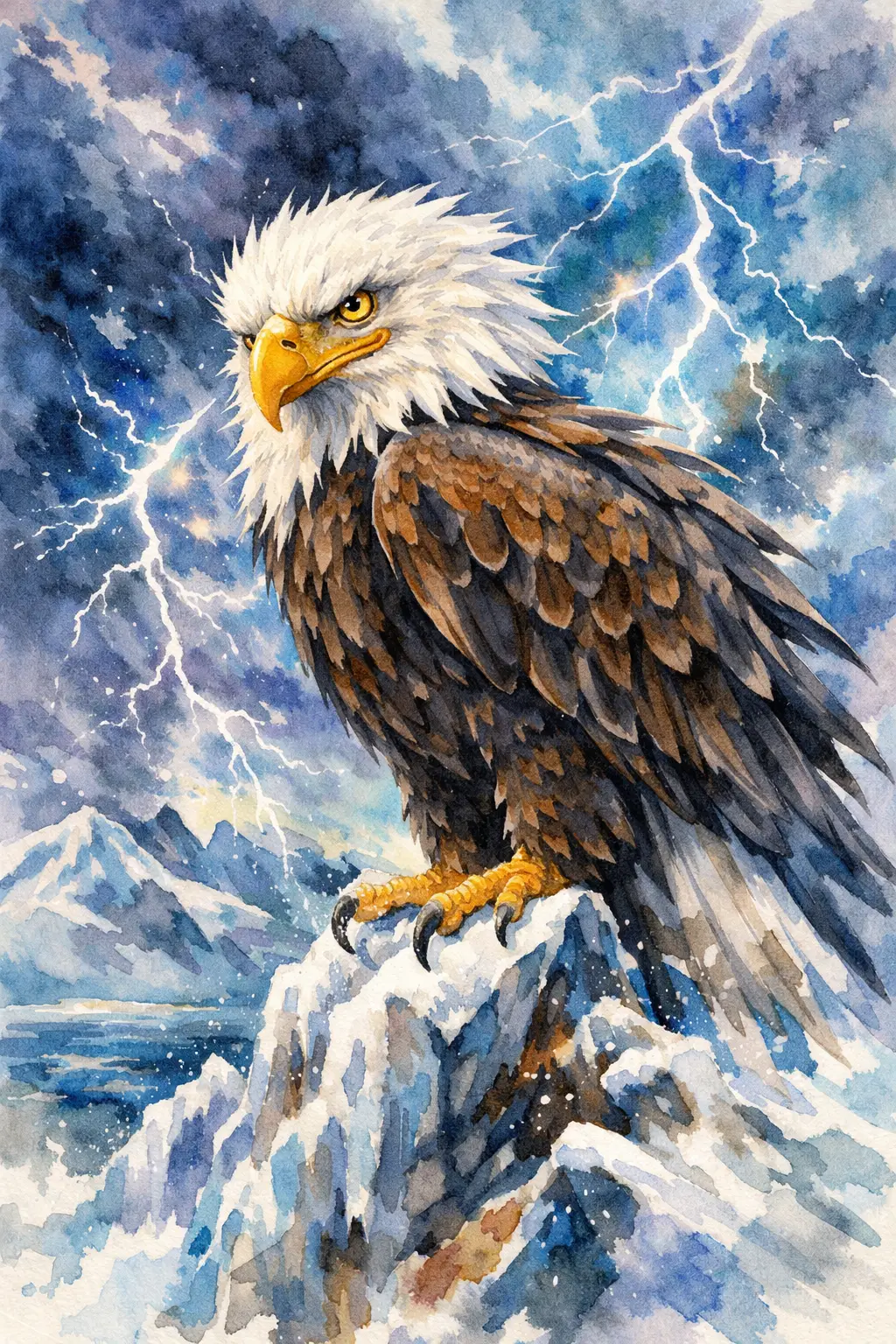 Aquarell-Adler auf vereister Klippe unter stürmischem Arktishimmel