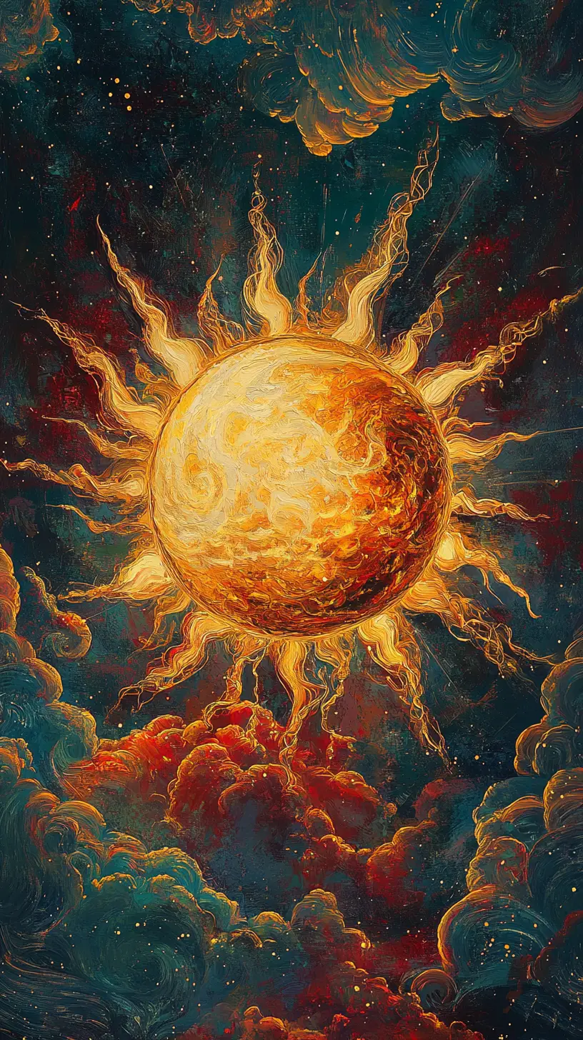 Strahlende goldene Sonne mit barocken Sonnenflares im All