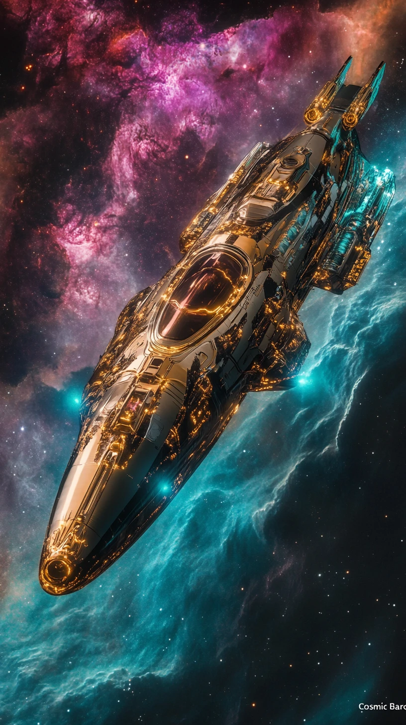 Nave espacial luxuosa deslizando por uma nebulosa cósmica brilhante