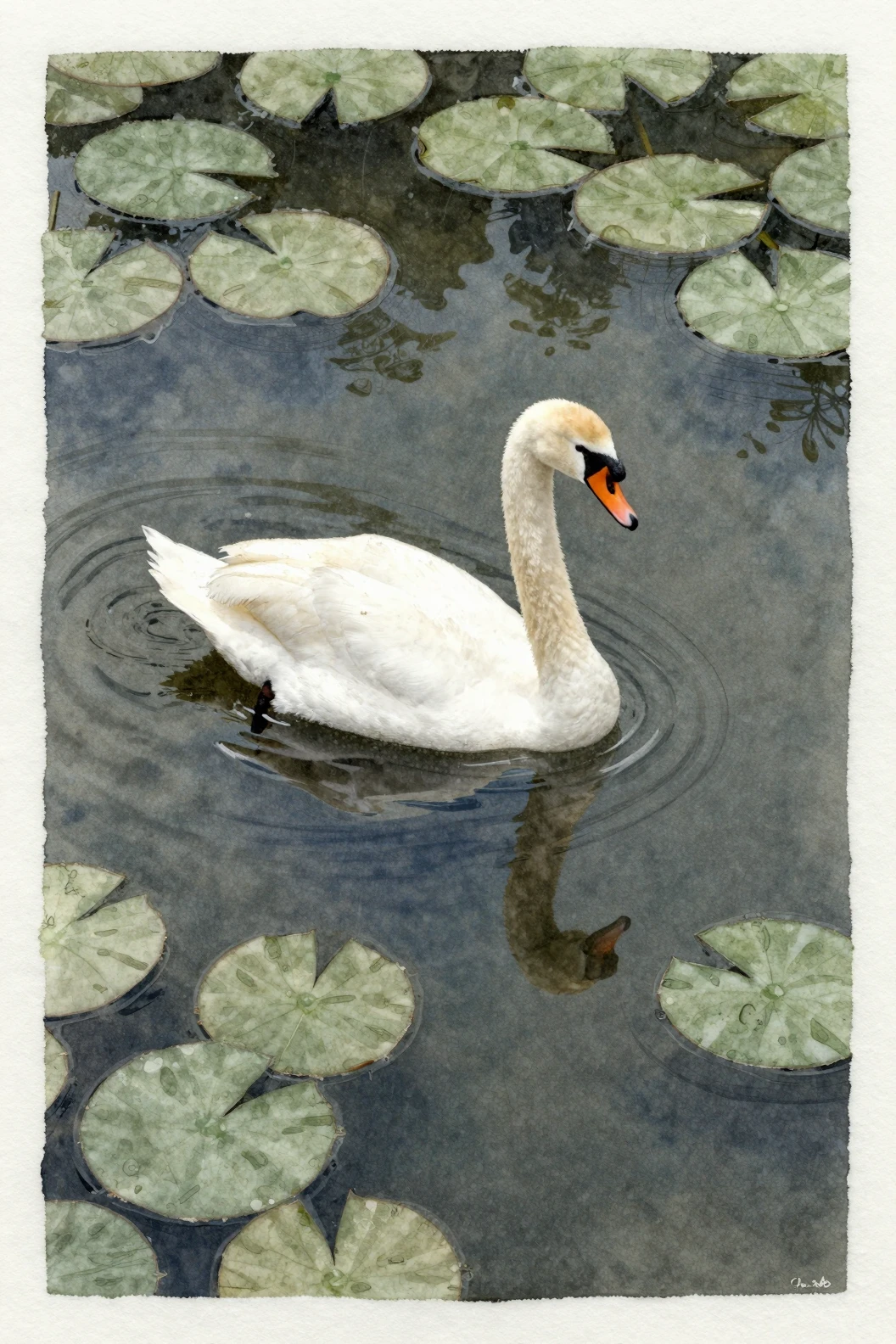 Cygne blanc glissant sur un étang sombre avec des nénuphars