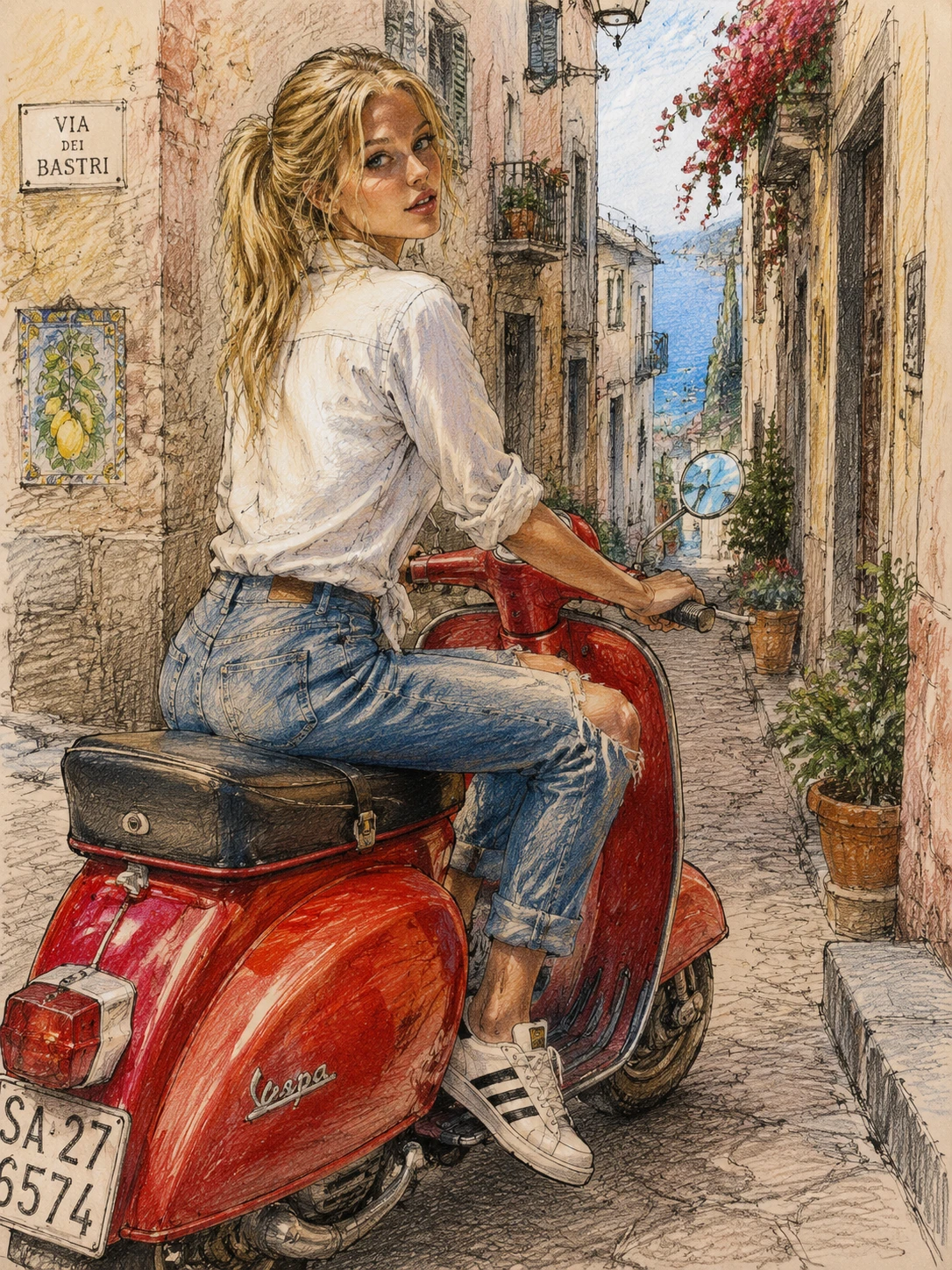 Blondes Mädchen fährt roten Roller durch enge mediterrane Gasse