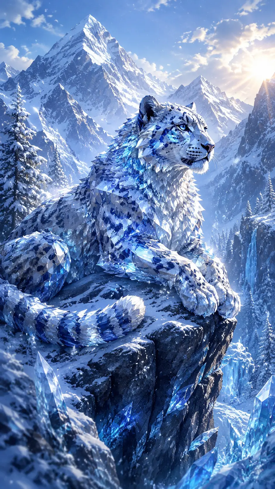 Scultura di leopardo delle nevi di cristallo in paesaggio montano ghiacciato