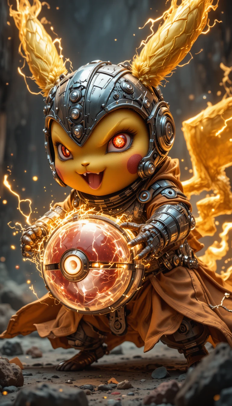 Cyberpunk-Chibi-Pikachu stürmt vorwärts mit leuchtender Pokéball-Energie