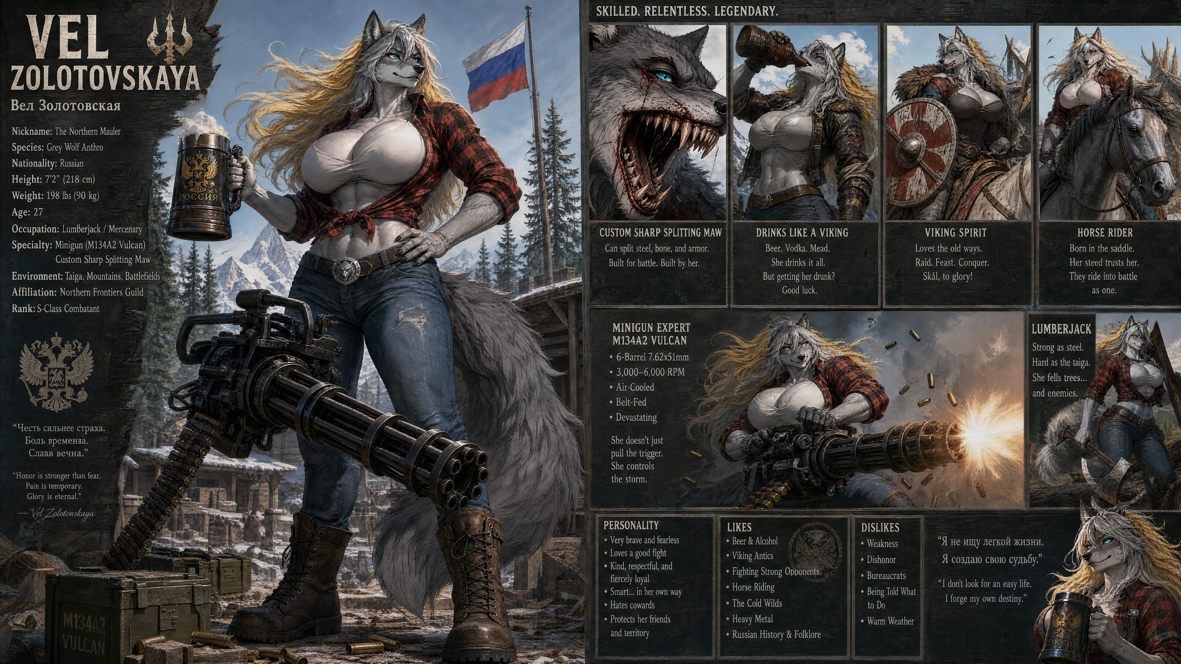 Grande femme loup anthro aux yeux cyan en tenue décontractée