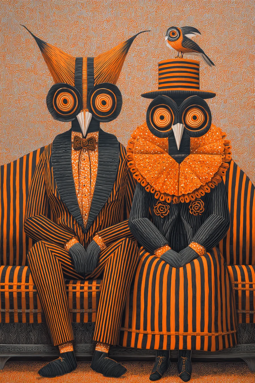 Figures de chats rayés surréalistes assises sur un sofa dramatique