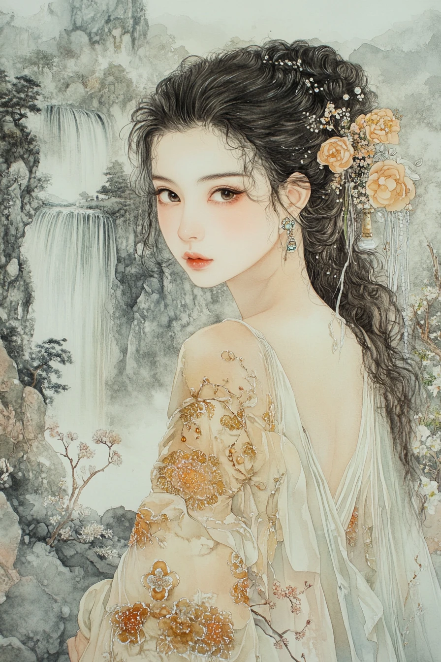 Retrato em aquarela de uma mulher diante de uma cachoeira distante