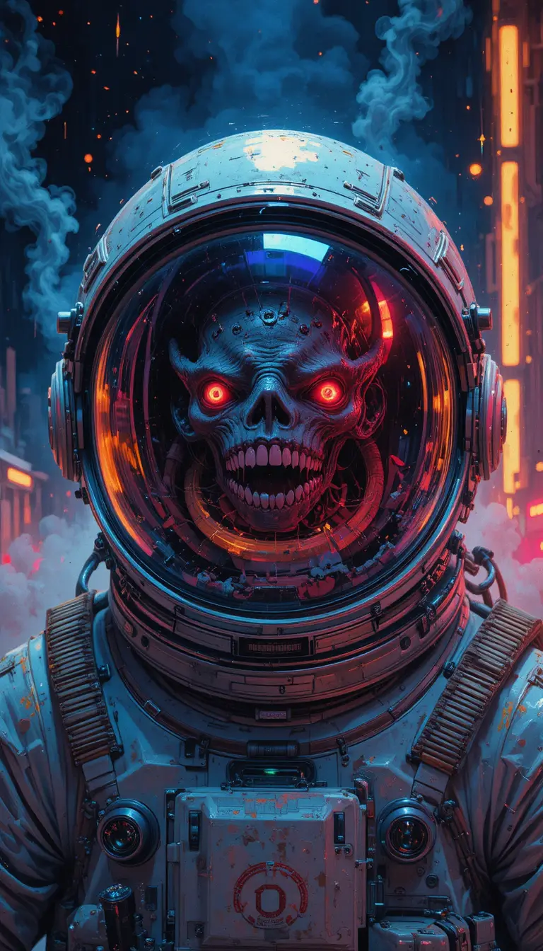Neon-Kreatur im Visier eines Astronautenhelms gespiegelt