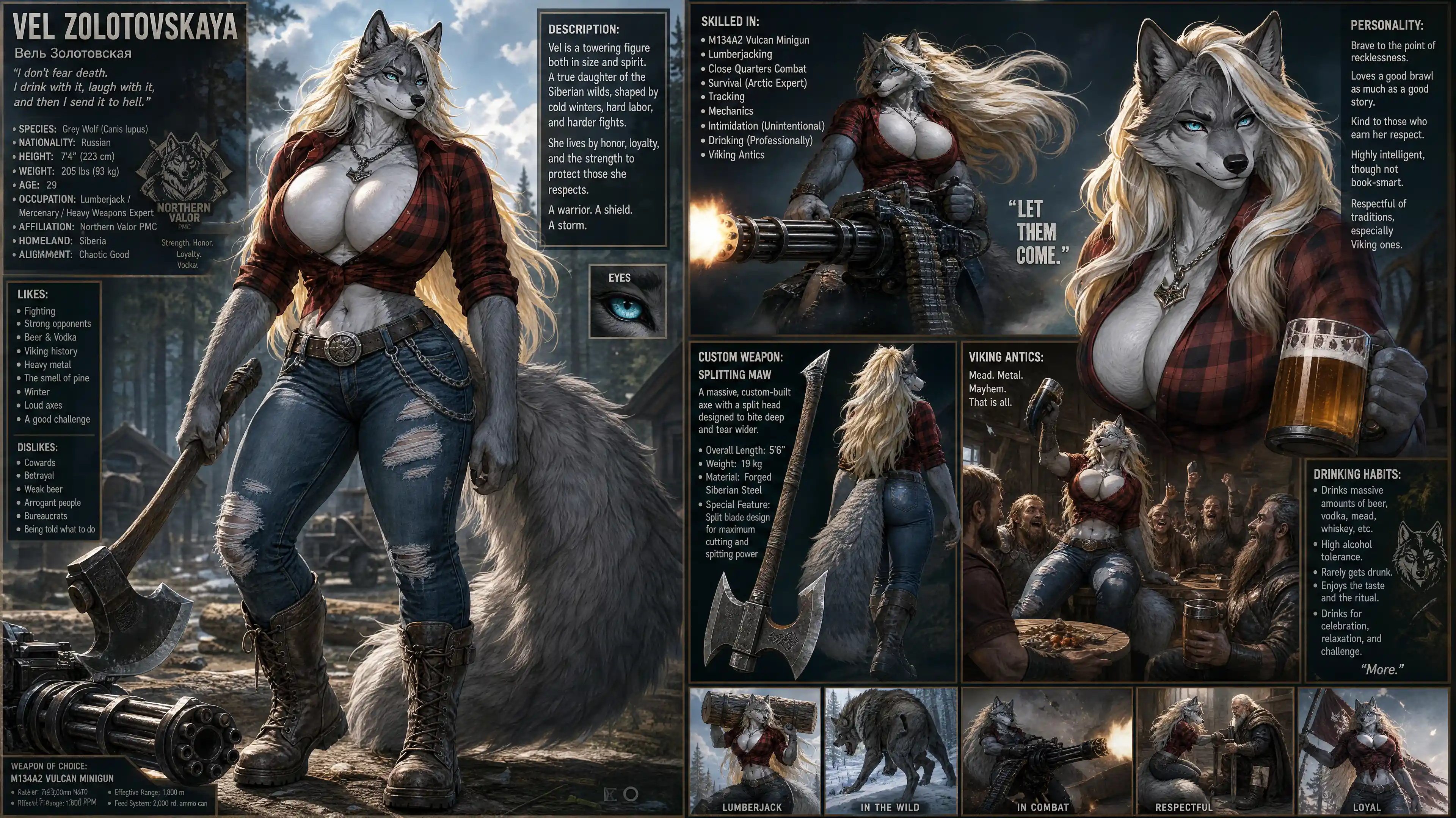 Alta guerriera lupa grigia con minigun e jeans
